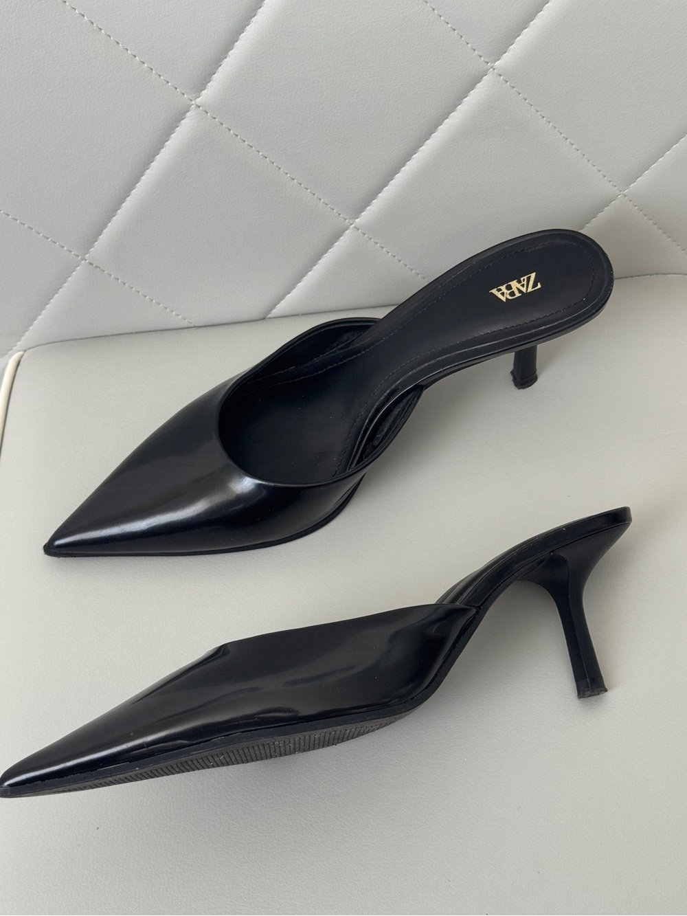 Zara Sleek Black Pointed Kitten Heel Mules